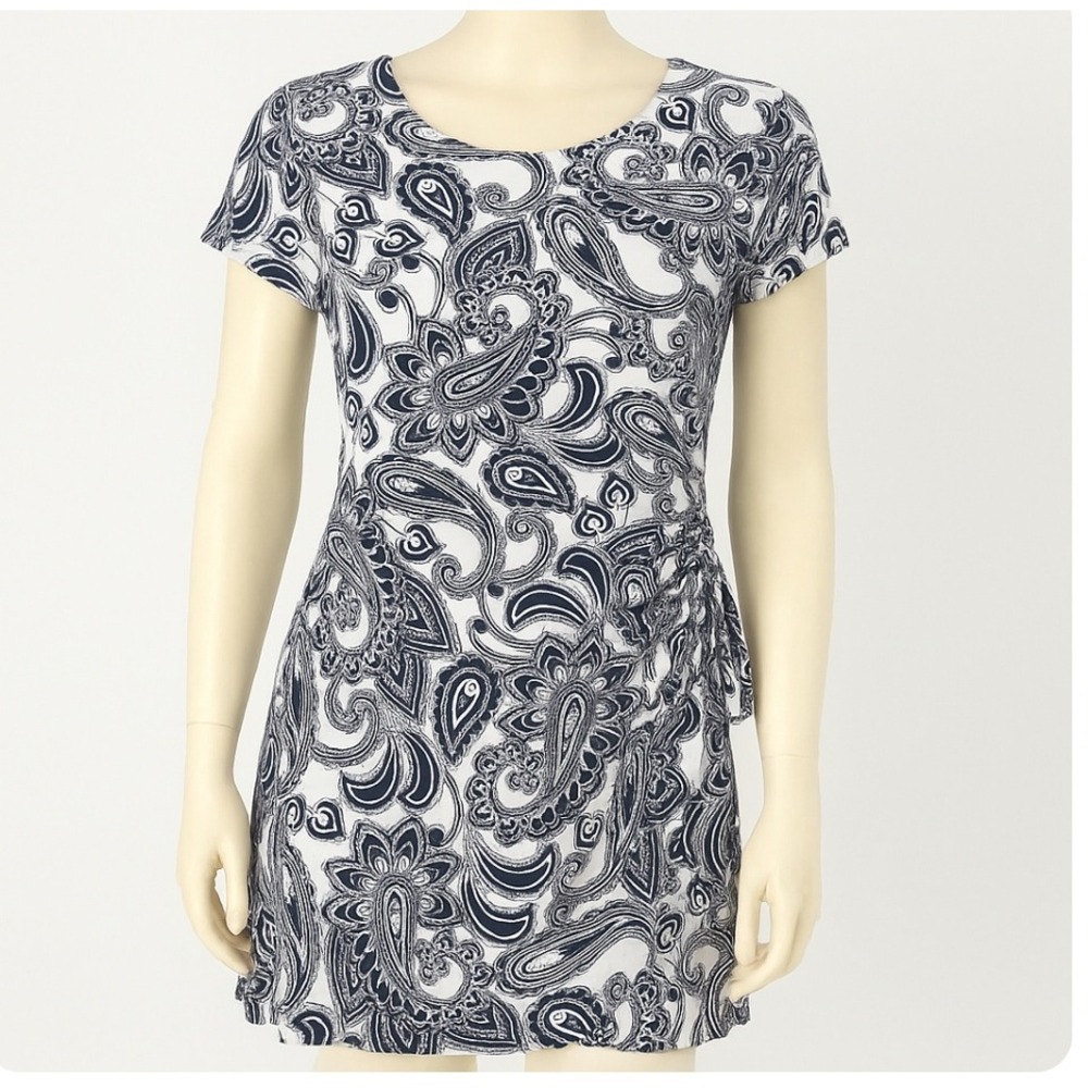 Robbie Bee Dress Paisley Print Side Tie Boho Casual‎ Office White Blue XL Petite